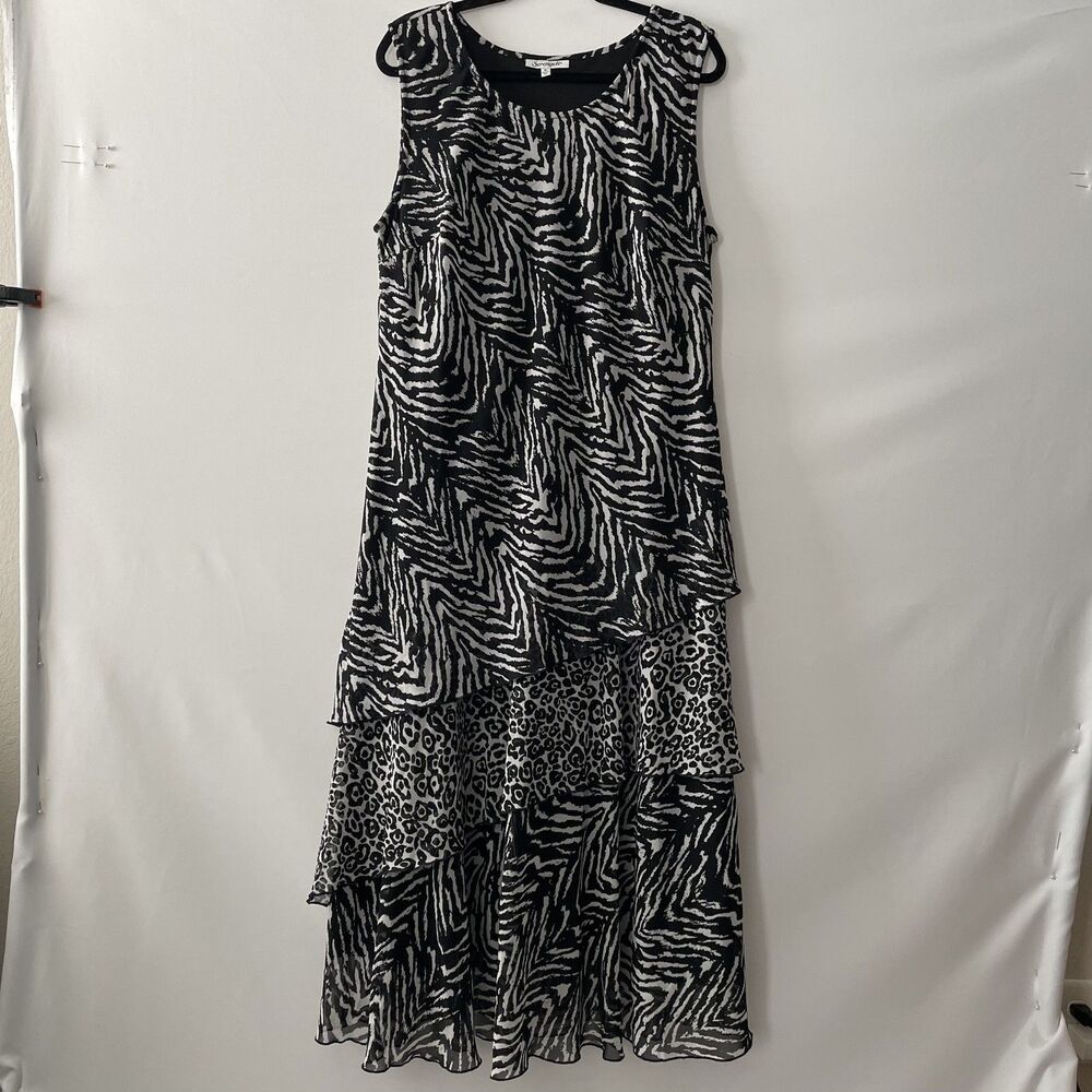 Serengeti Sleeveless Tiered Maxi Dress Animal Print Black White Size XL